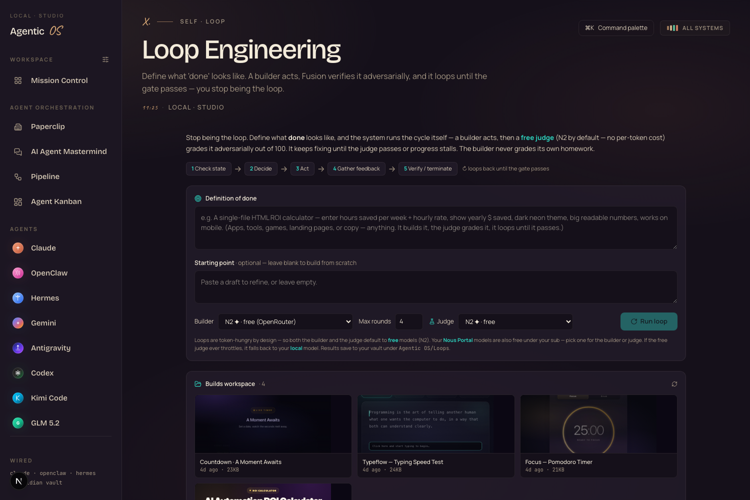 Loop Engineering in the Agent OS — the goal box, builder + judge, and the workspace of things the loop built