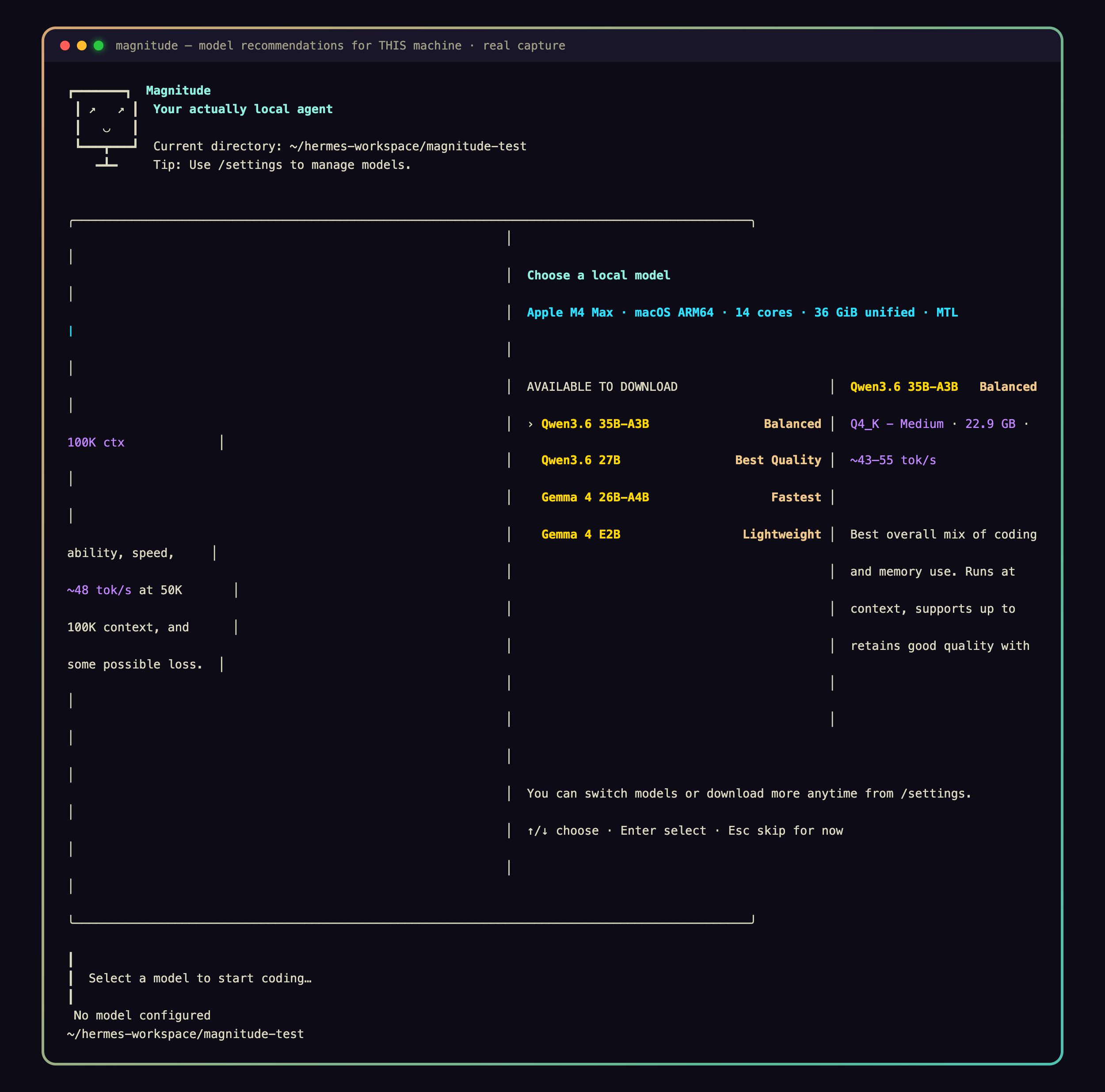 The real test artifacts: the memory guard byte math, the analyze.py the model wrote, its self-fixes, the result table and the executed shell commands