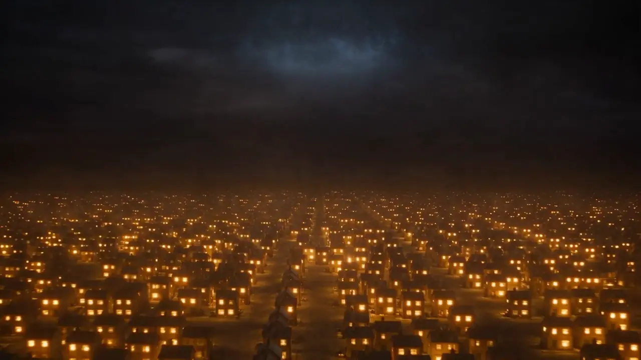 A city of houses cutting their glowing cables to a cold cloud-brain, each igniting its own warm light