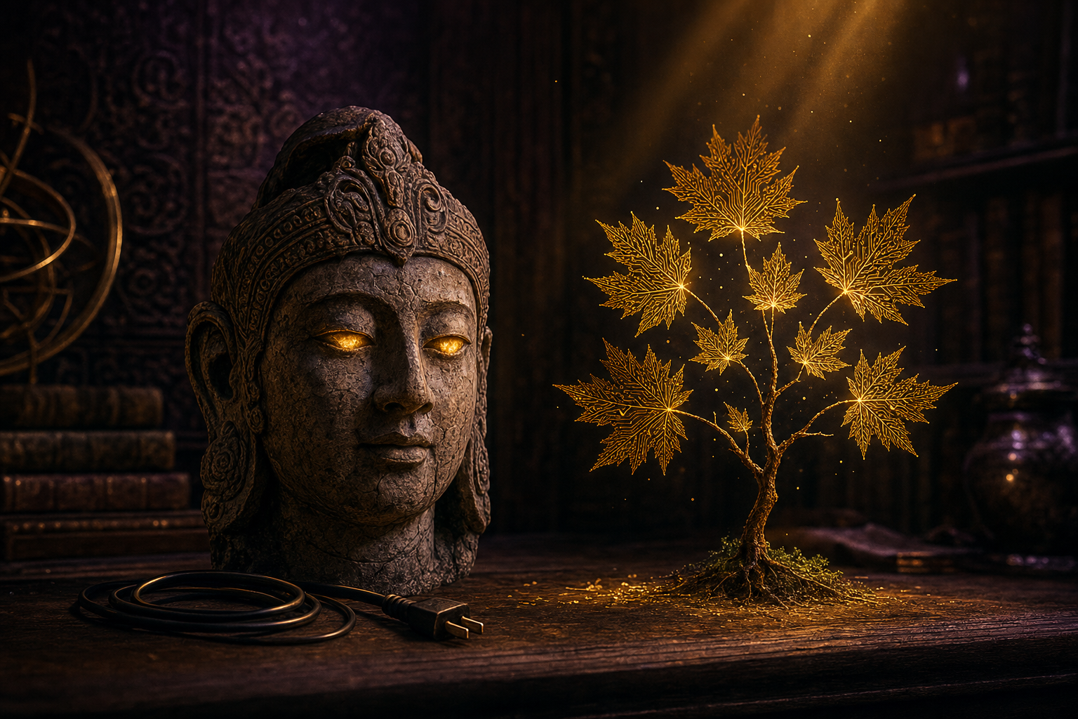 An ancient carved stone oracle head with softly glowing golden eyes on a wooden desk, beside a small luminous maple sapling with circuit-trace leaves and an unplugged power cable