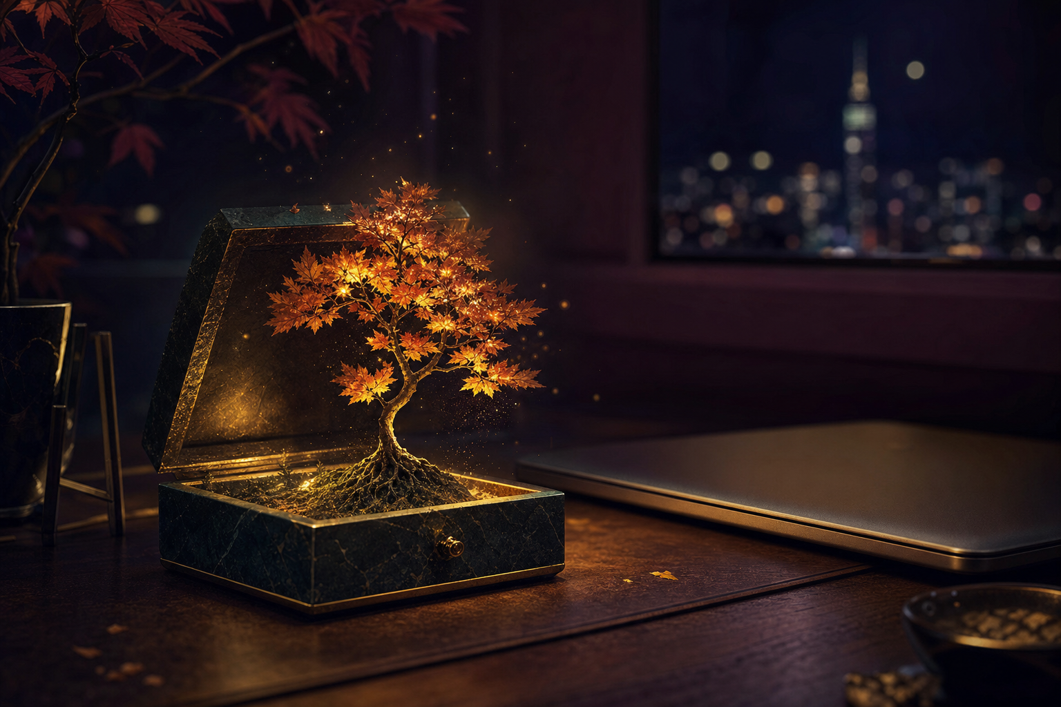 A tiny glowing maple tree growing out of a palm-sized stone box on a desk beside a closed laptop, gold light spilling out