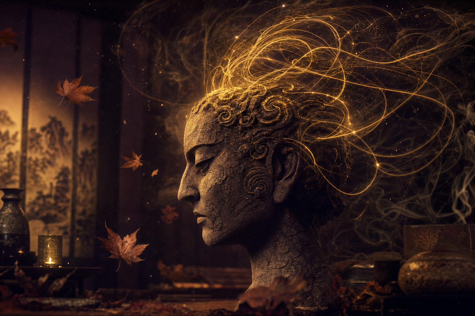 The stone oracle head in profile, deep in thought, endless threads of golden light spiralling from its crown and looping back into themselves