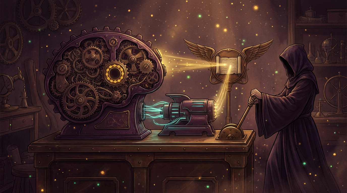 A fully clothed engineer in a long hooded robe pulls a brass lever; a colossal gear-brain engine with a small ring of glowing cores and a small fast cyan engine both pour golden light into a winged messenger terminal.