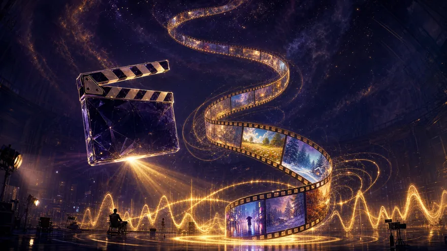 A crystal clapperboard projecting a ribbon of glowing film frames