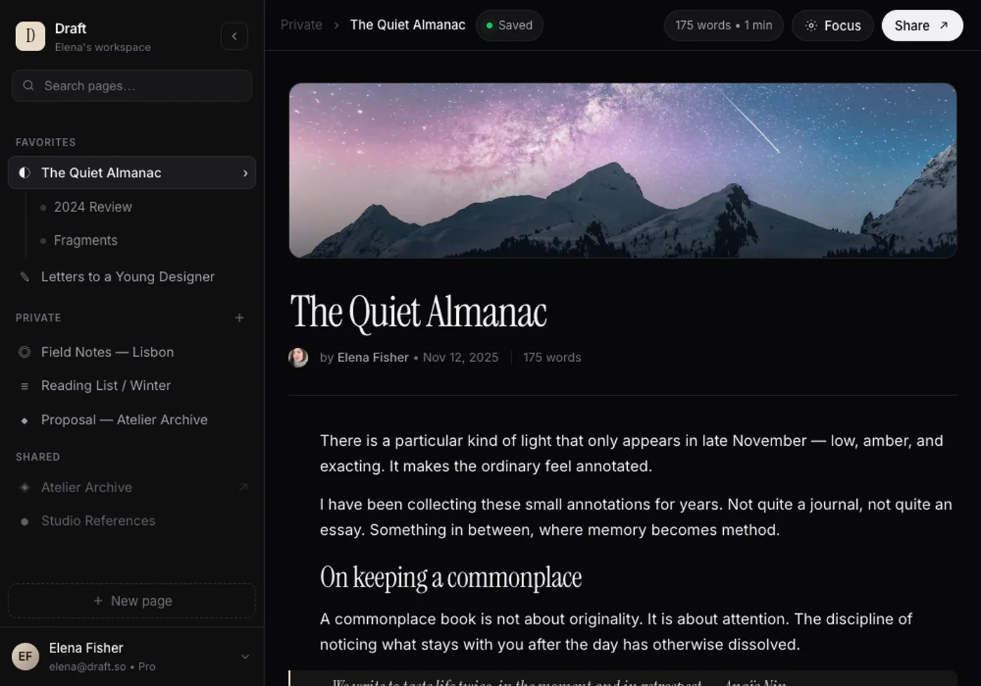 Draft — a Notion-style writing app with page tree, cover image, elegant typography and a slash-command menu
