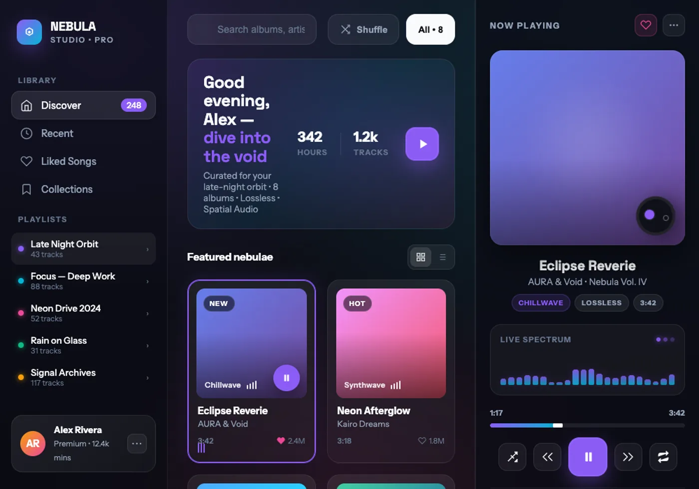 Nebula — a premium music player app with library sidebar, album grid, now-playing panel and a live spectrum visualizer