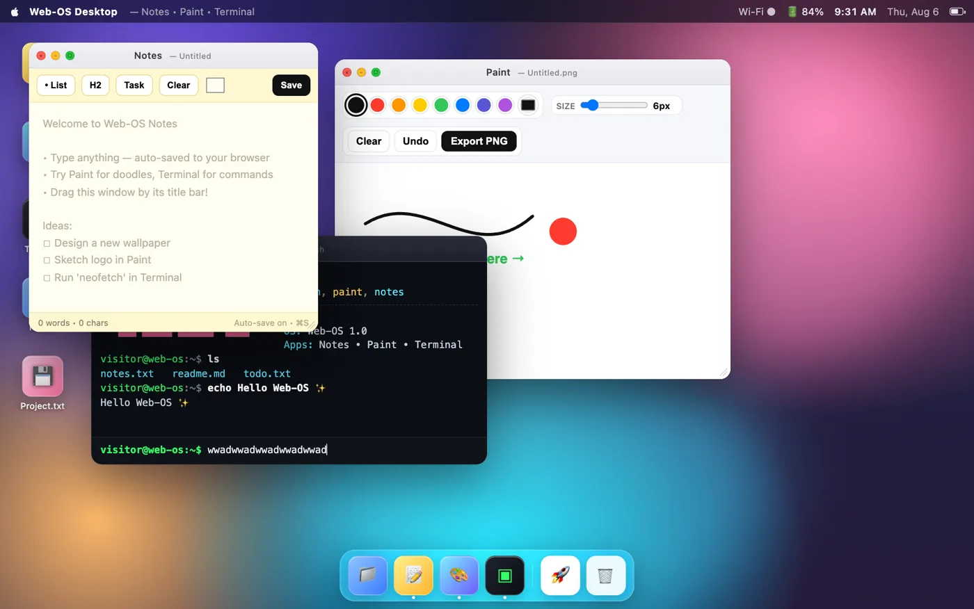 Web-OS — a full desktop operating system in one file: draggable Notes, Paint and Terminal windows over a gradient wallpaper