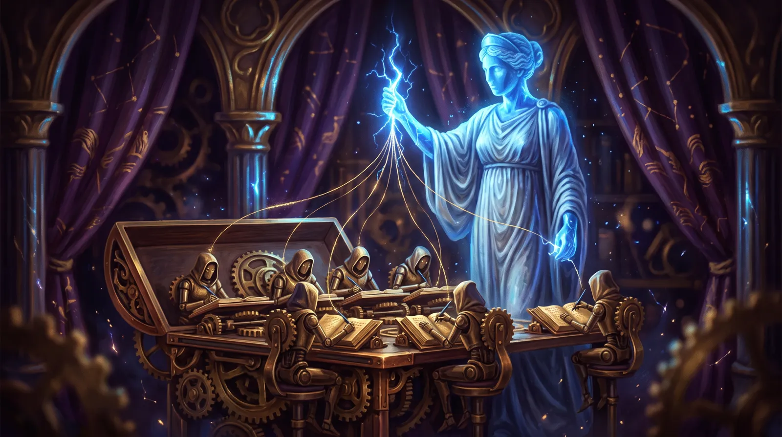 A blue crystalline muse statue in a long flowing sculpted robe holding a spark of lightning above six small brass automaton scribes writing code in parallel