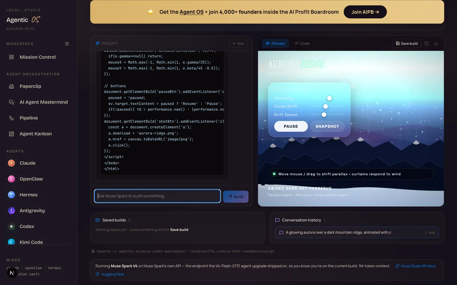 The Agent OS Muse Code tab: Muse Spark streaming code on the left while the finished aurora scene with working controls renders live on the right