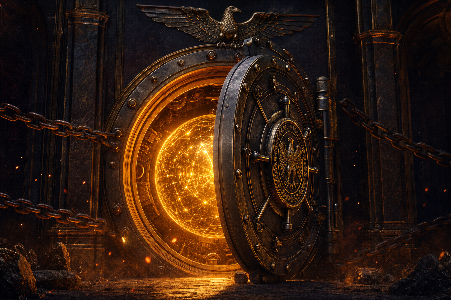 A monumental sealed iron-and-brass vault door, slightly ajar, with an intensely glowing amber AI orb locked behind it leaking light through the seams, a classical eagle emblem above