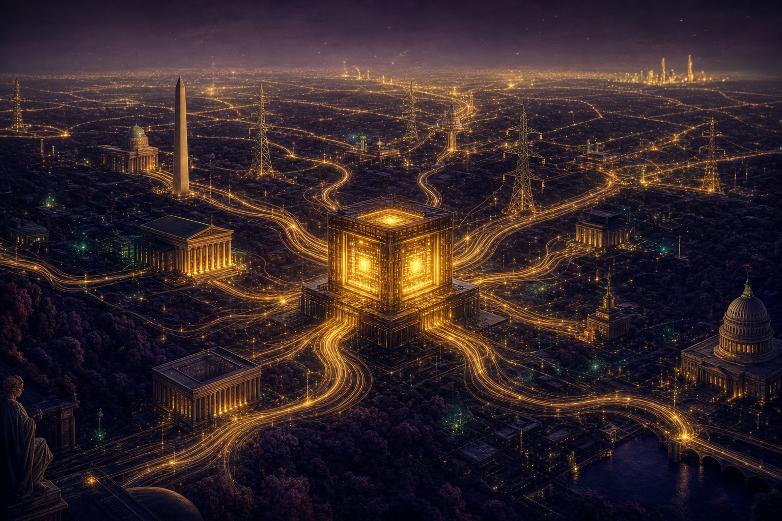 A glowing golden AI core wired into a vast network of monuments, power pylons and city grids — AI as critical national infrastructure