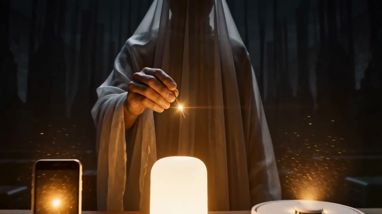 A fully robed engineer holding a tiny glowing golden needle over small devices, with giant server towers behind