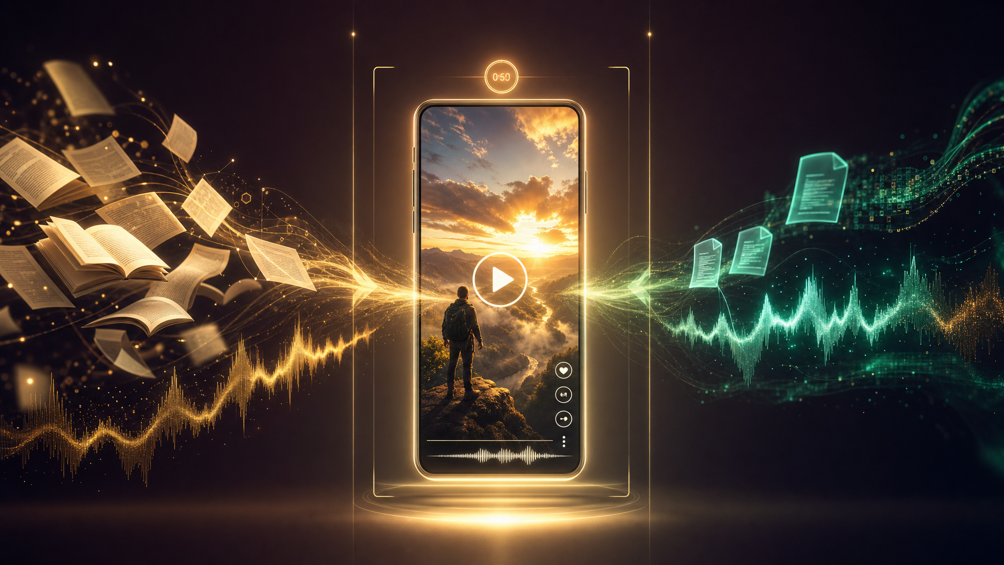 A glowing vertical phone playing a short-form video, with book pages, PDFs and waveforms flowing into it and becoming the reel