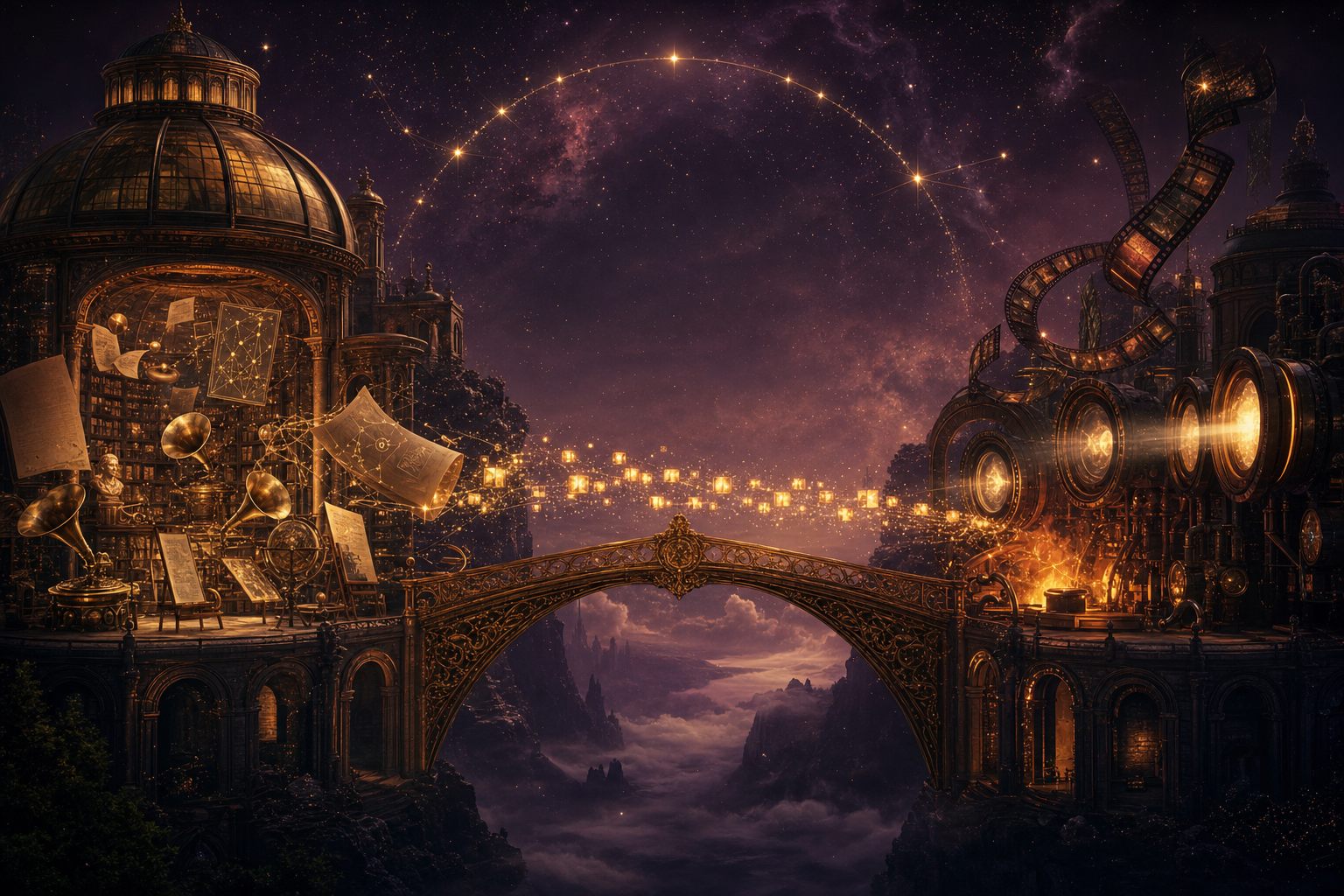 Two grand Renaissance workshops connected by an ornate golden bridge — the NotebookLM library on the left, the video forge on the right, knowledge crossing into editable video