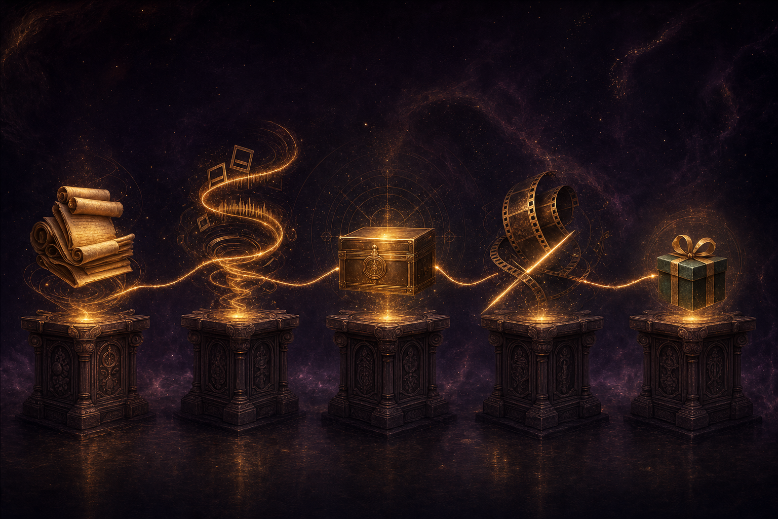 Five glowing alchemical workstations in a row — scrolls of capture, vortex of generation, archive of saving, film-strip being trimmed for editing, gift-wrapped package for shipping