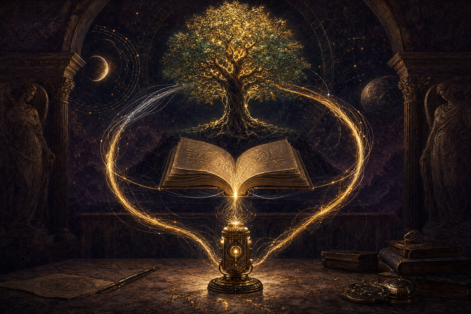 Editorial illustration — a listening device on a desk, threads of light flowing into a book and a tree of knowledge, then back down to the device