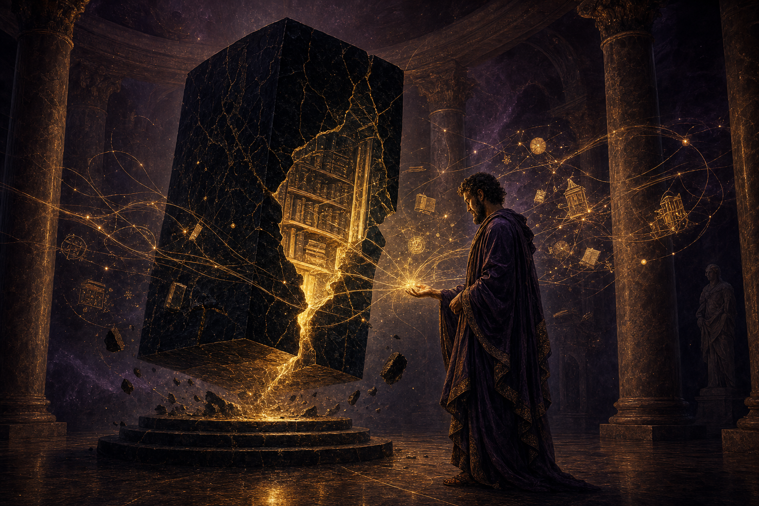 A luminous brain made of branches and floating markdown notes hovering above a robed figure writing in a glowing book