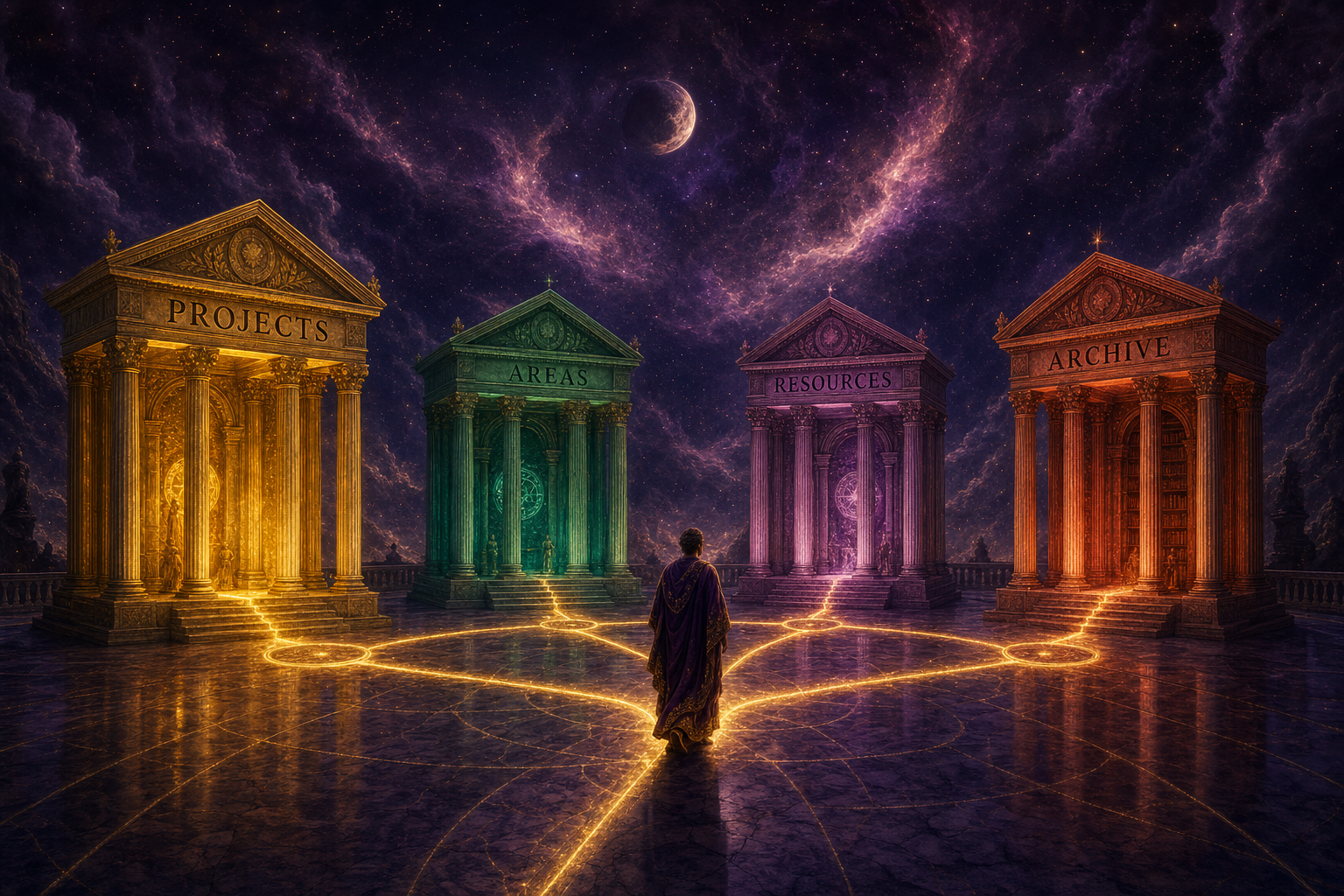 Editorial illustration — four classical temples in an arc, each glowing a different colour, labeled Projects, Areas, Resources, Archive