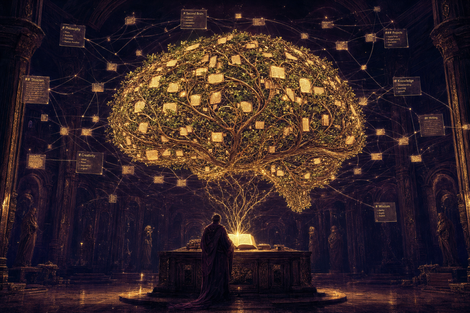 A luminous brain made of branches and floating markdown notes hovering above a robed figure writing in a glowing book