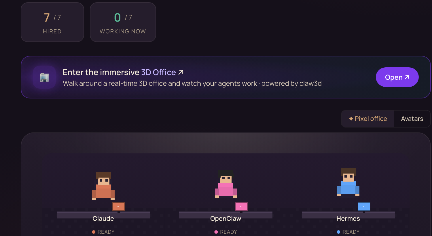 The Agent Office — AI agents as pixel characters at their desks