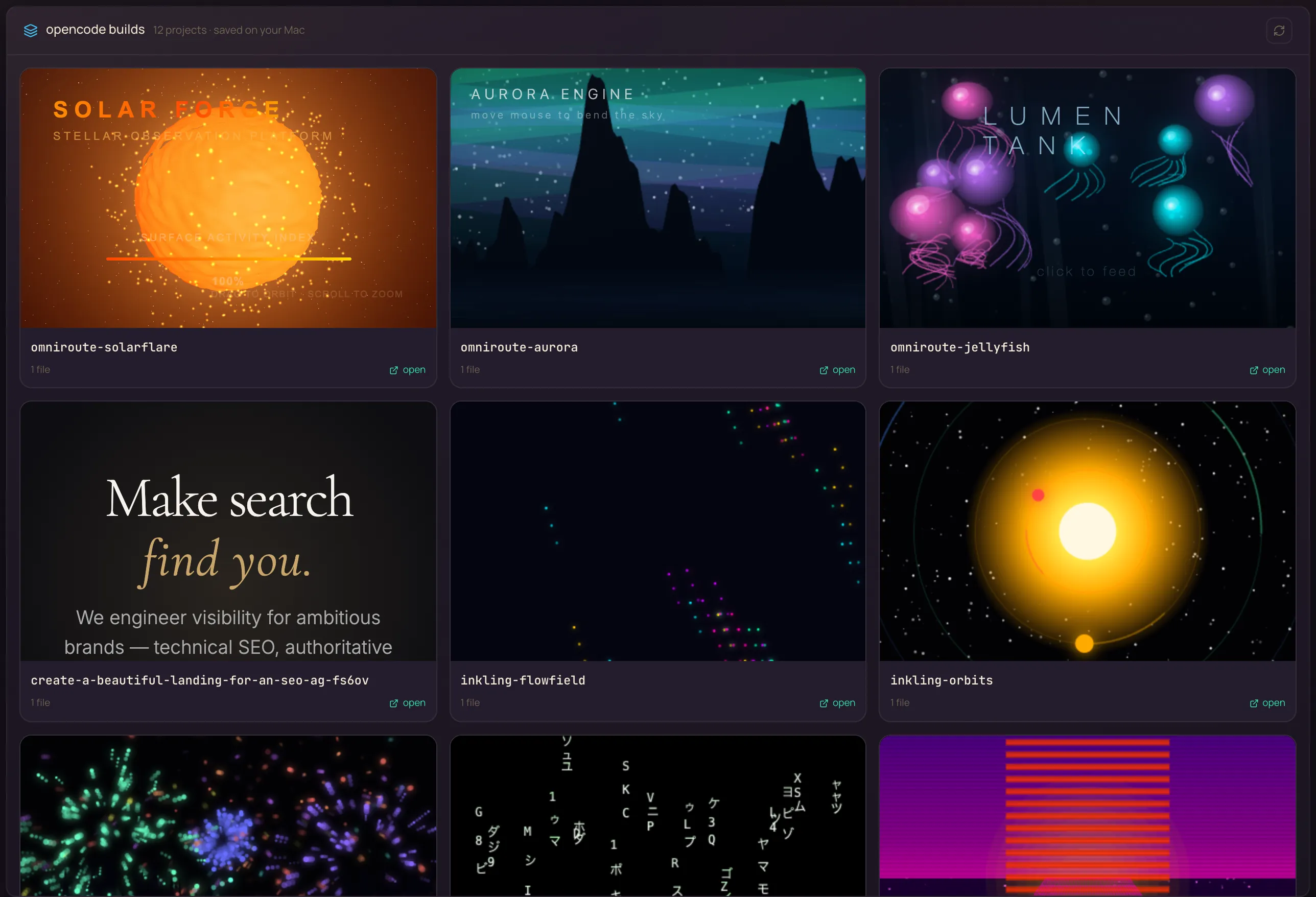 Agent OS OpenCode workspace gallery showing the three OmniRoute builds with live thumbnails