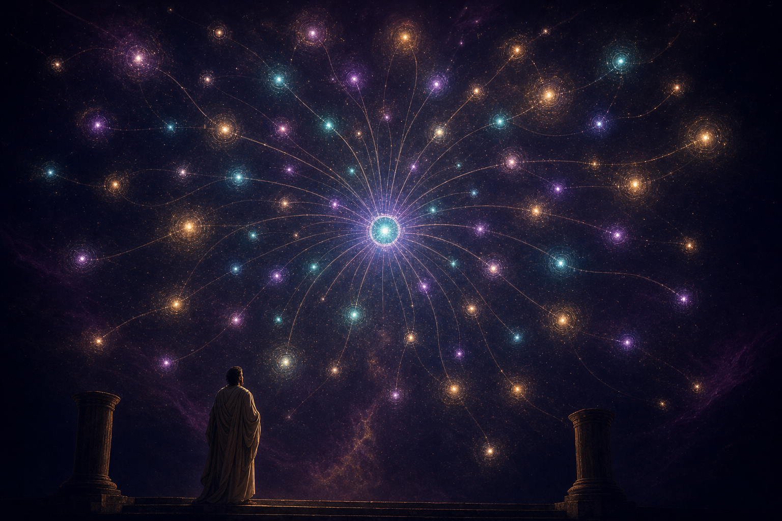 A glowing central routing hub fanning light-filaments out to a constellation of free provider nodes, a robed figure fully clothed in a long flowing chiton gazing up at it