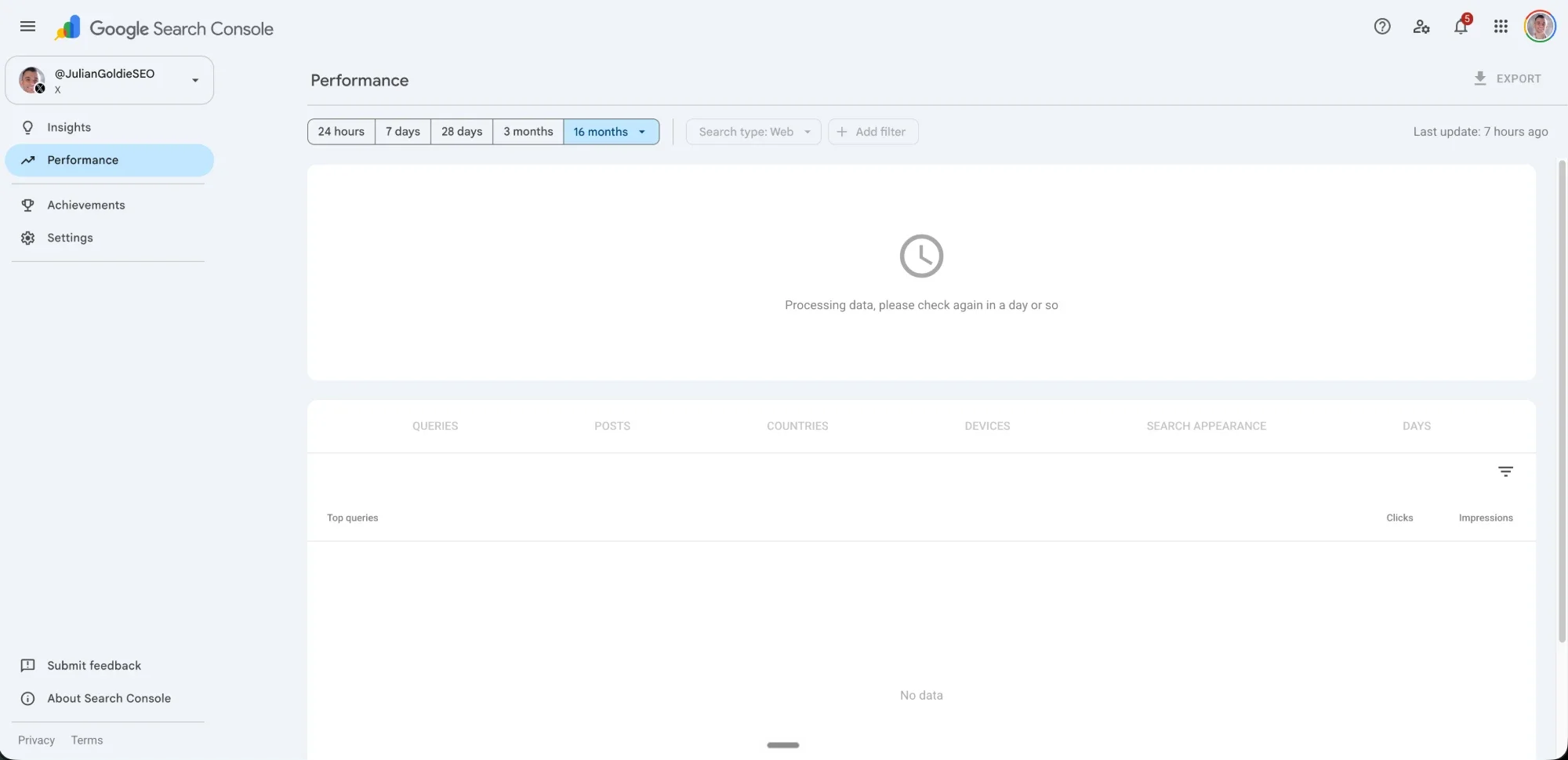 Julian's X platform property in Search Console on day one — the Performance report showing Processing data, please check again in a day or so