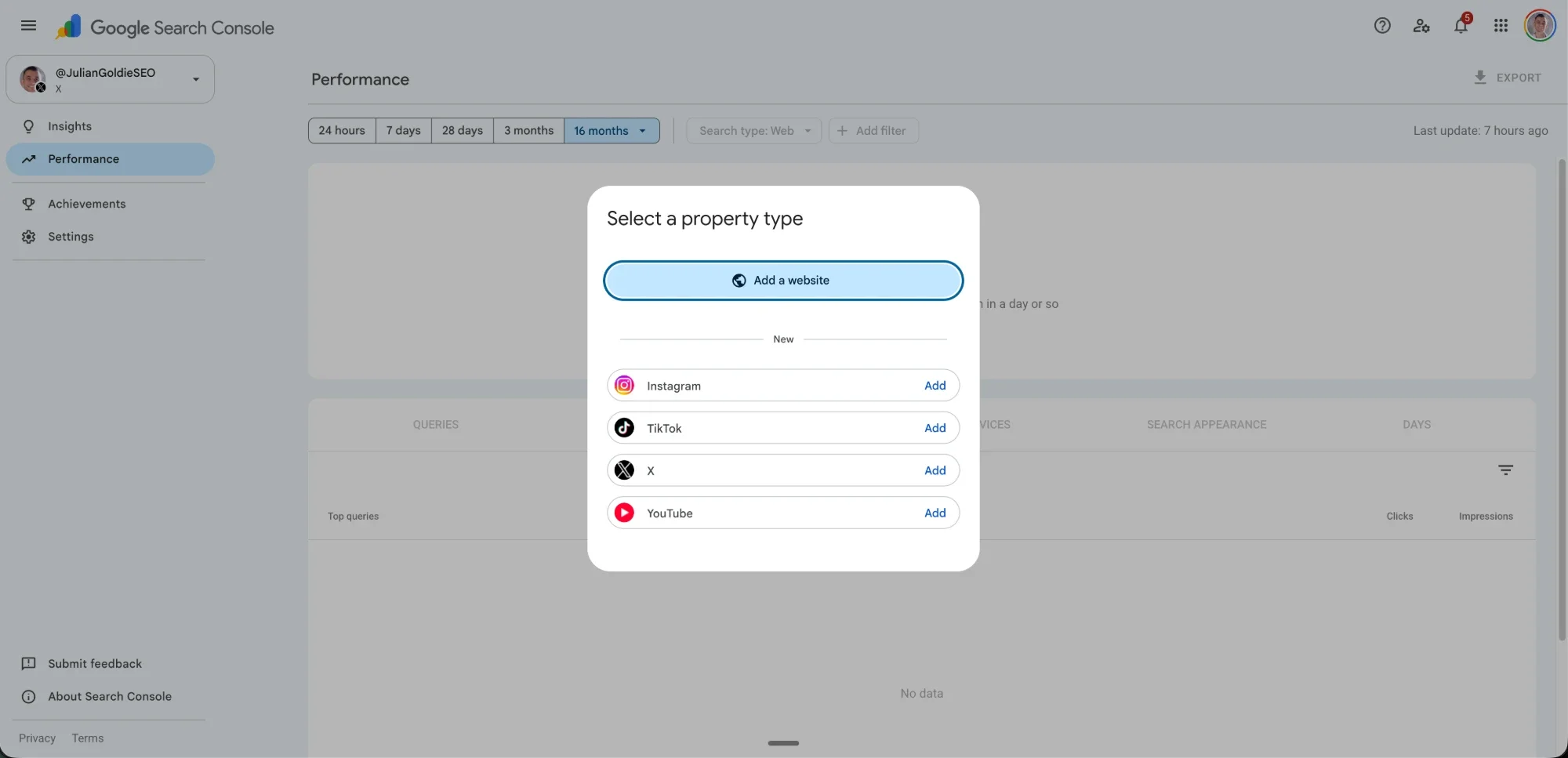 Search Console's new Select a property type dialog — Add a website, plus new Instagram, TikTok, X and YouTube options with Add buttons