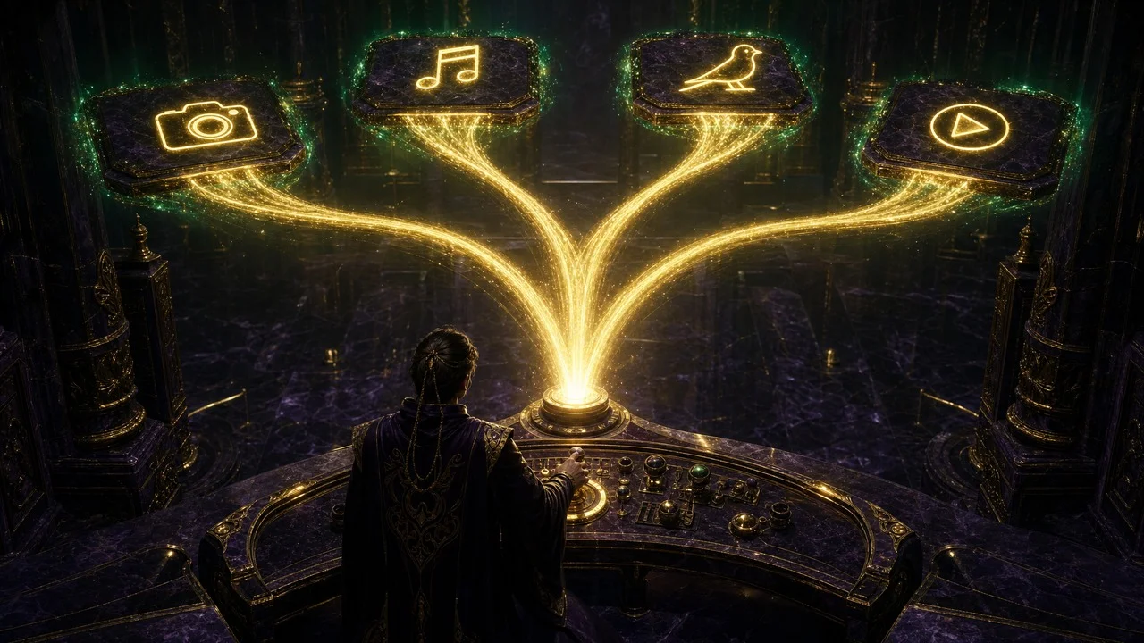 A robed operator fully clothed at a marble console, redirecting one golden stream of search light into four floating platform tiles — camera, music note, bird and play button