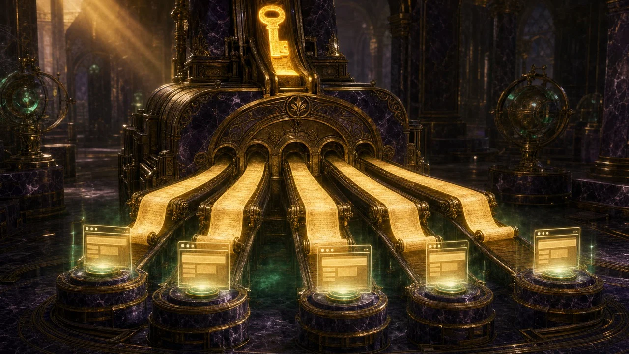 A single glowing golden key-shaped ingot entering an ornate brass engine, with five luminous article scrolls fanning out on conveyor rails toward five small website pedestals
