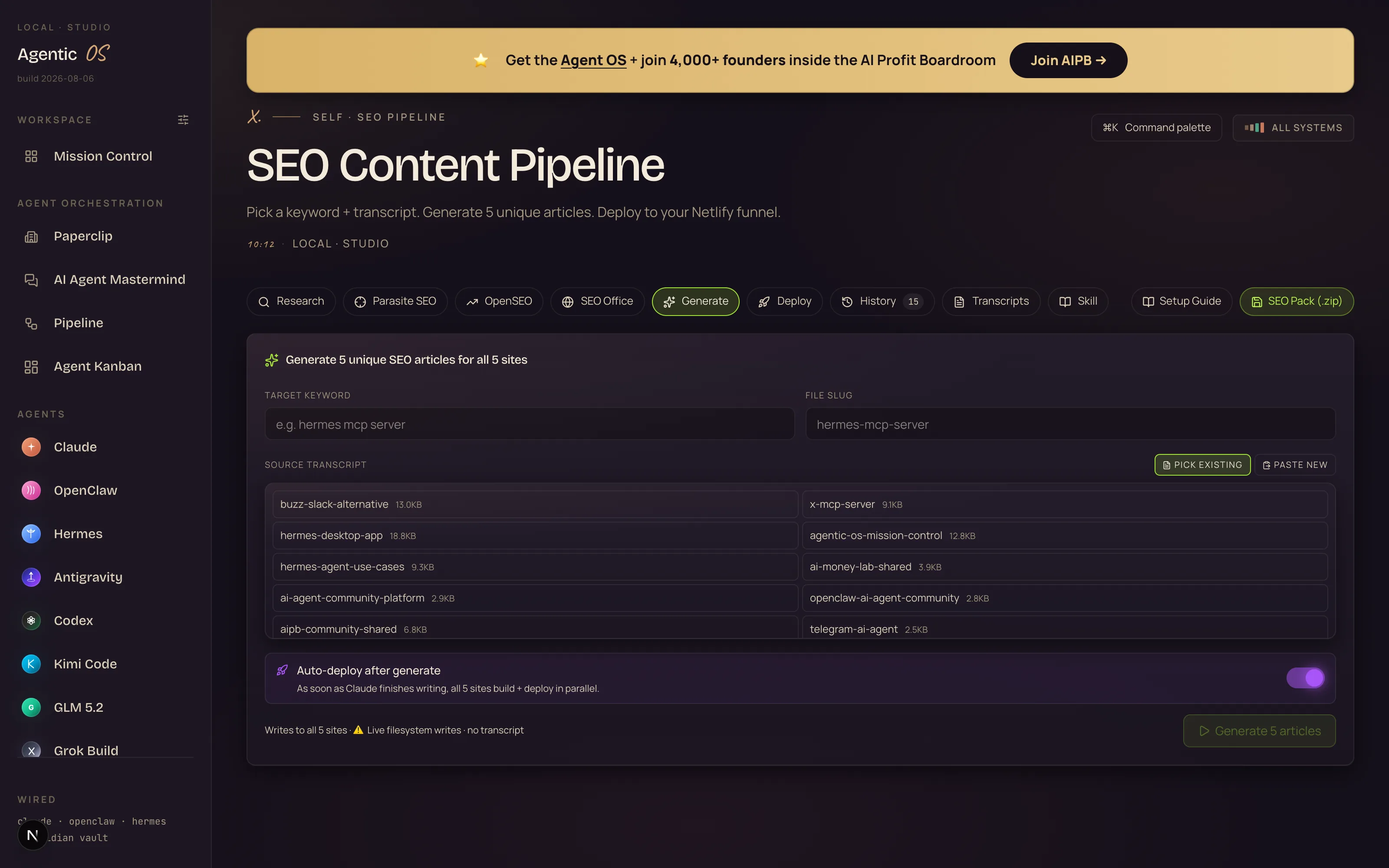 The Agent OS SEO Content Pipeline Generate tab: target keyword field, source transcript picker, auto-deploy toggle, and the Generate 5 articles button