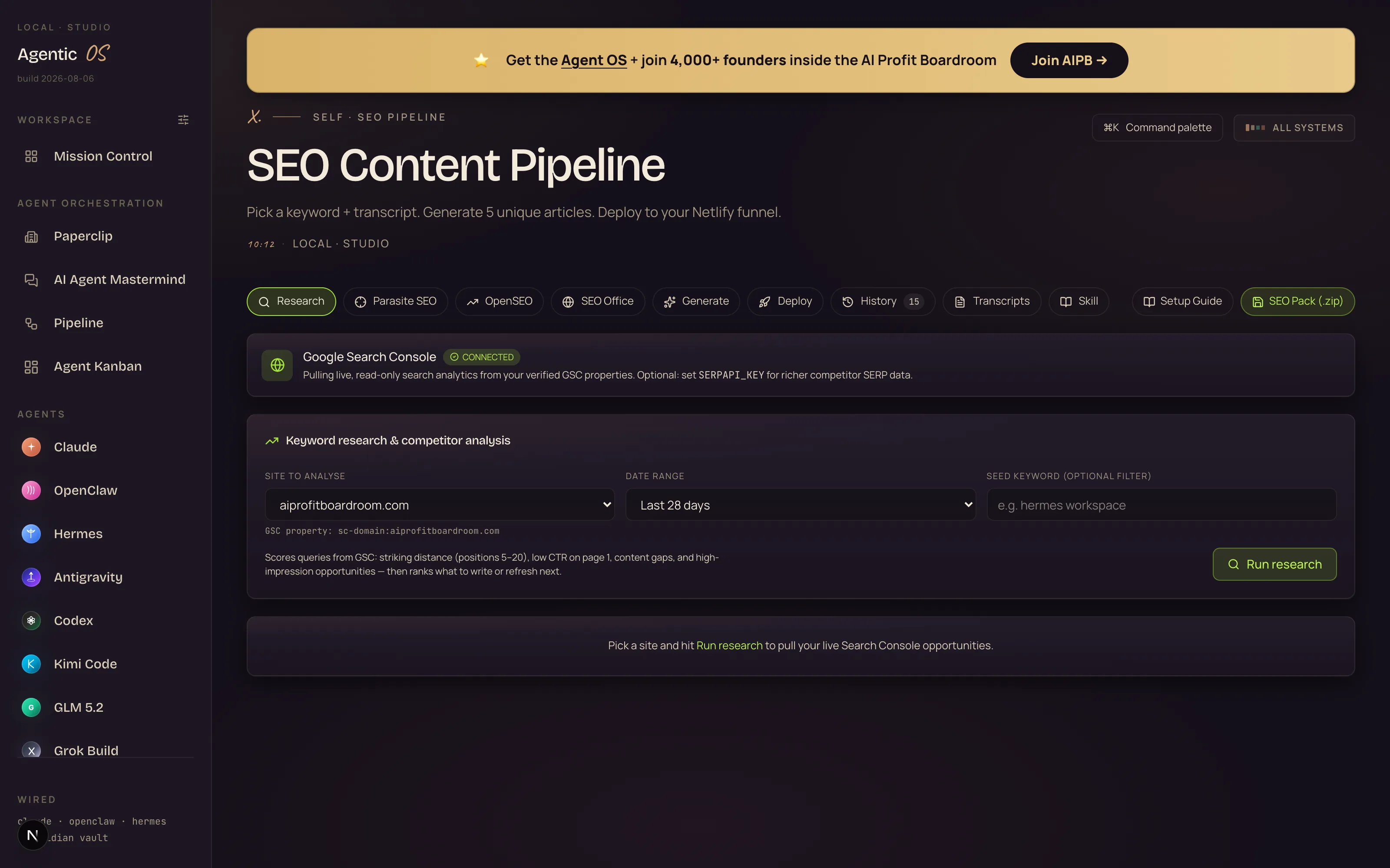 The Agent OS SEO Research tab connected to live Google Search Console data, surfacing keyword opportunities