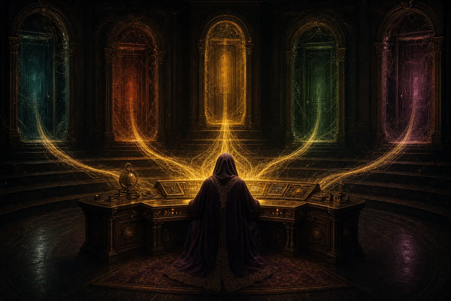 A robed operator at one glowing command desk with five dimmed doorways behind, golden threads flowing into the desk