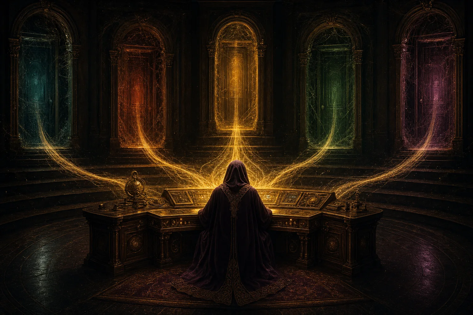 An operator fully clothed in a long flowing robe seated at one glowing command desk, with five dimmed doorways behind — golden threads flowing from every doorway into the single desk