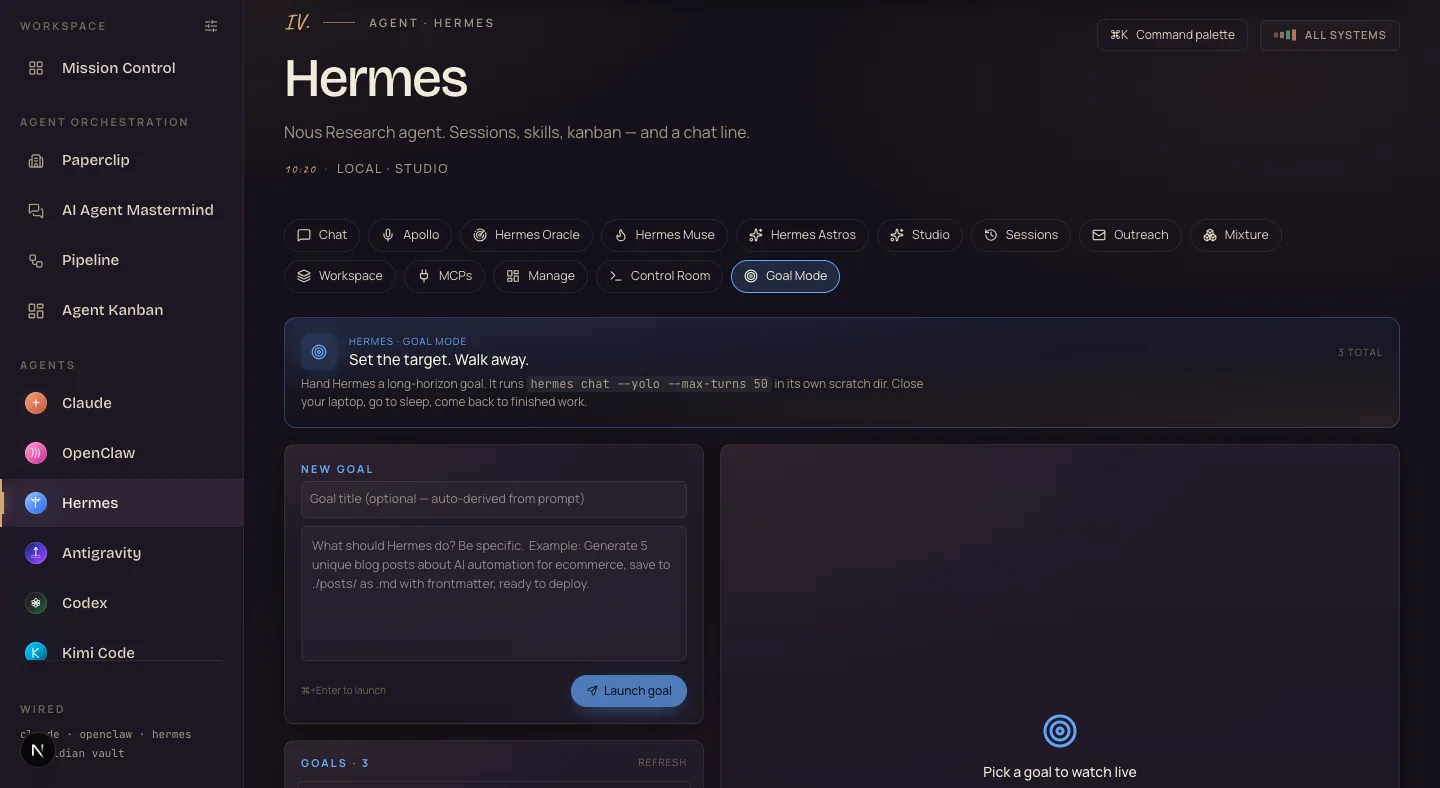 Goal Mode in the Agent OS — 'Set the target. Walk away.' with a new-goal box and a launch button