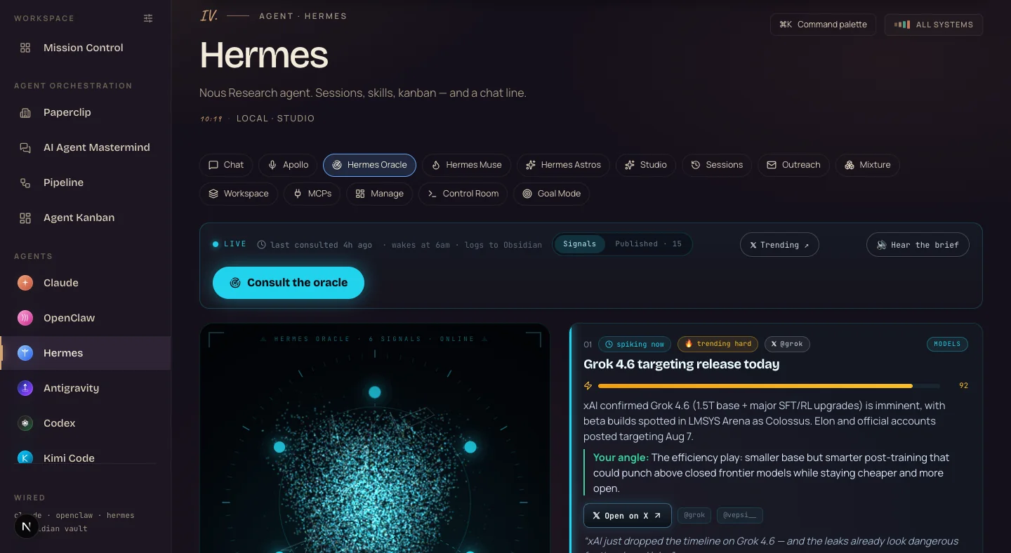The Hermes Oracle tab — live signal orb and a ranked feed of market signals with a trending score