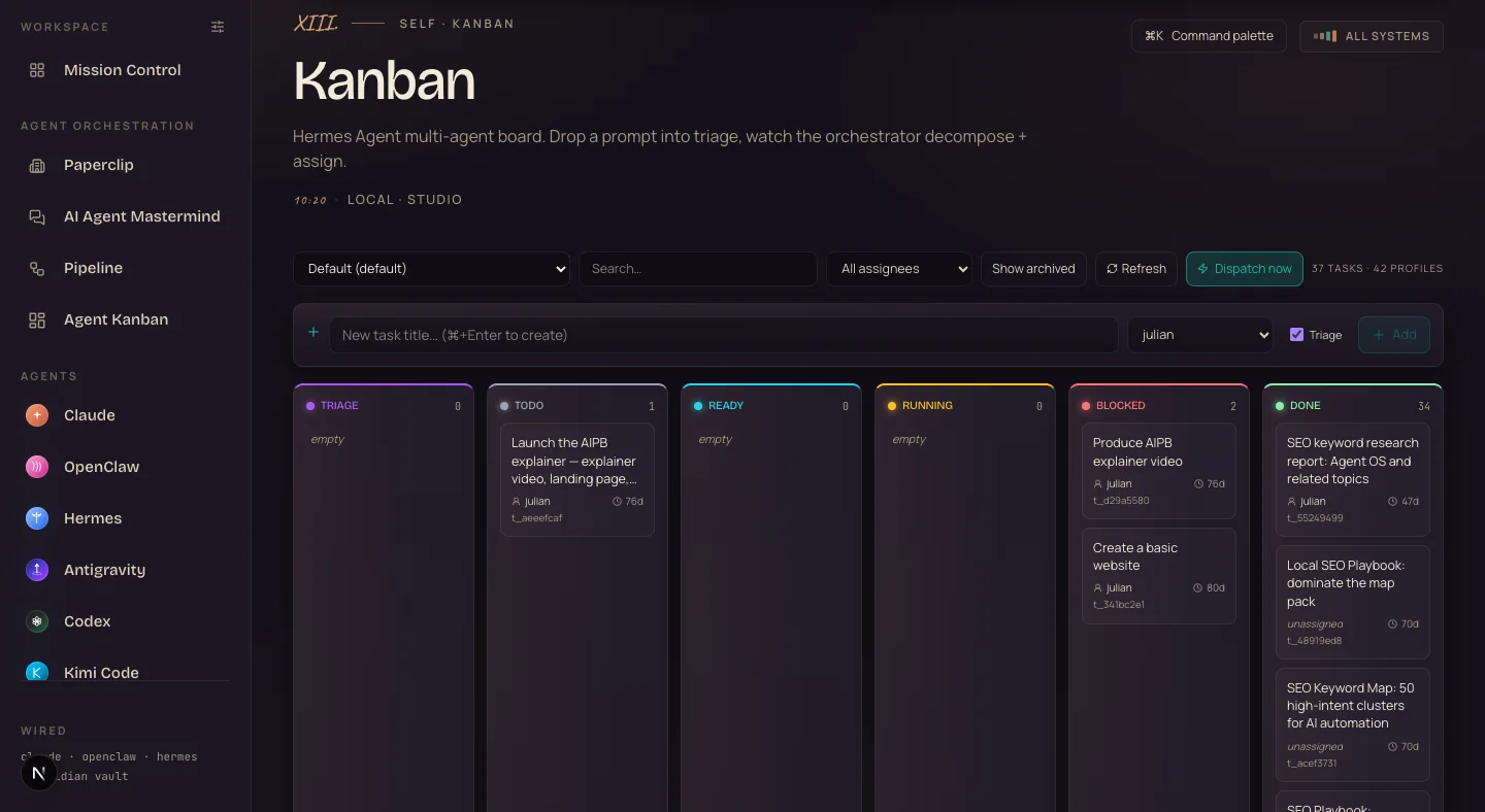 The Agent Kanban board with triage, todo, ready, running, blocked and done columns — 34 tickets already in done