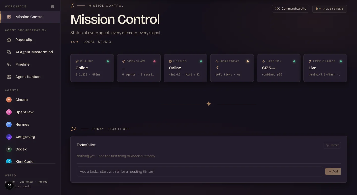 Mission Control home screen of the Agent OS showing agent status cards for Claude, OpenClaw, Hermes, latency and Free Claude