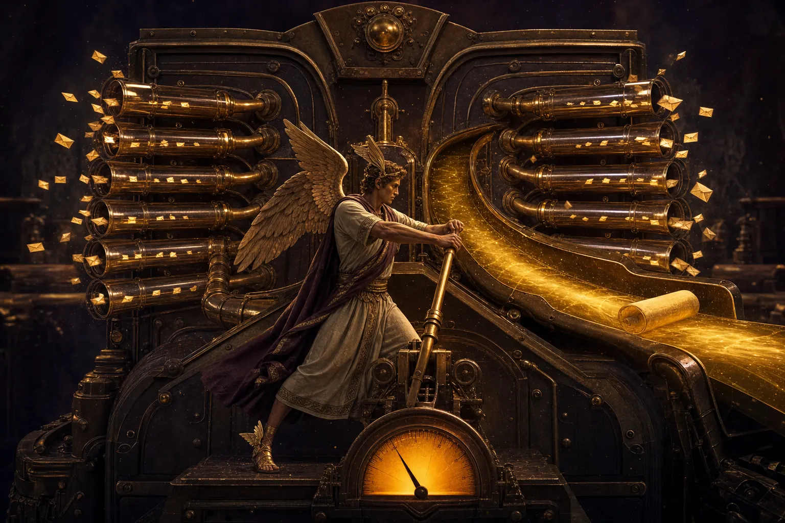 A winged engineer fully clothed in a flowing chiton pulls a golden lever, folding twelve brass message tubes into one molten-gold script channel