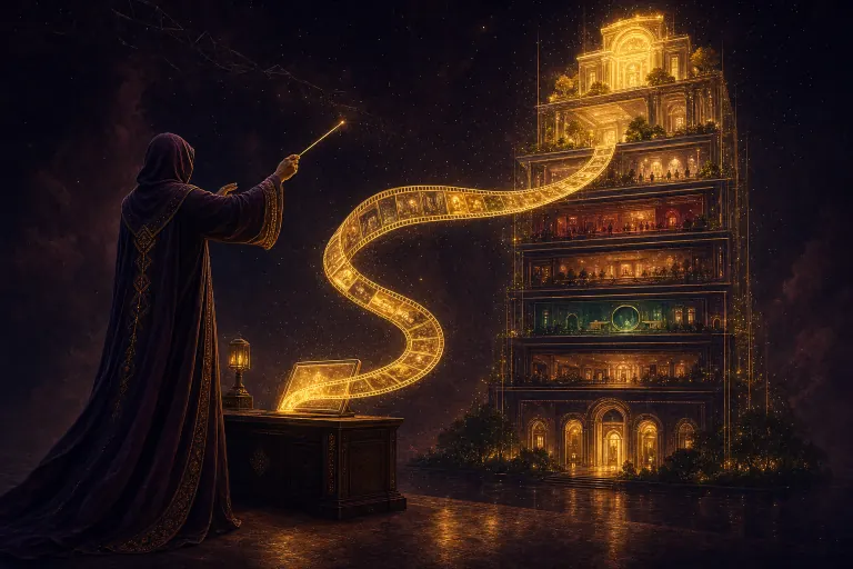 A conductor figure fully clothed in a long flowing hooded robe conducting a glowing ribbon of film from a terminal into a rising luxury website facade