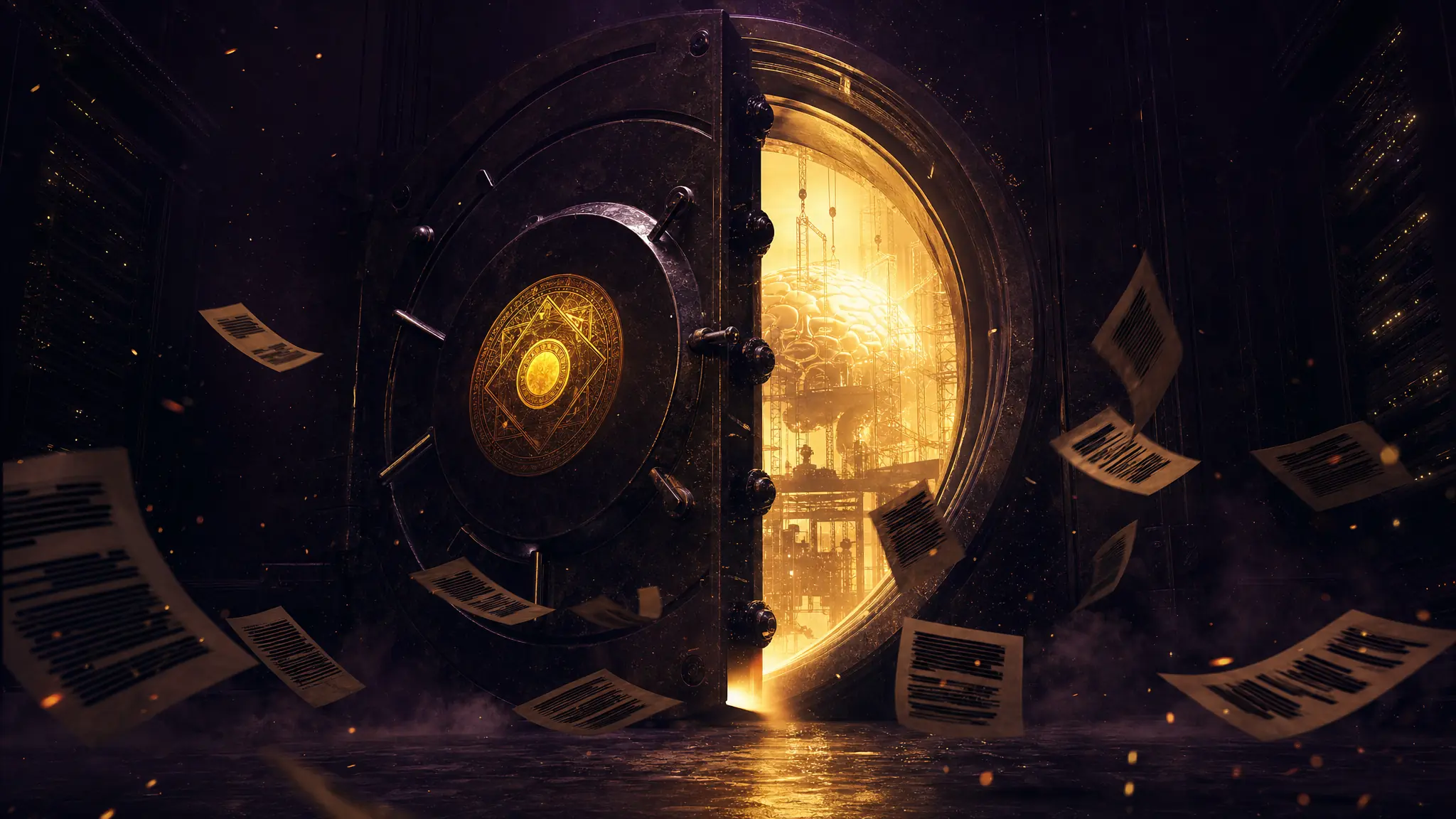 A colossal dark vault door stamped with a glowing codename seal, golden light pouring through the crack revealing a titanic machine-brain, redacted papers swirling outward