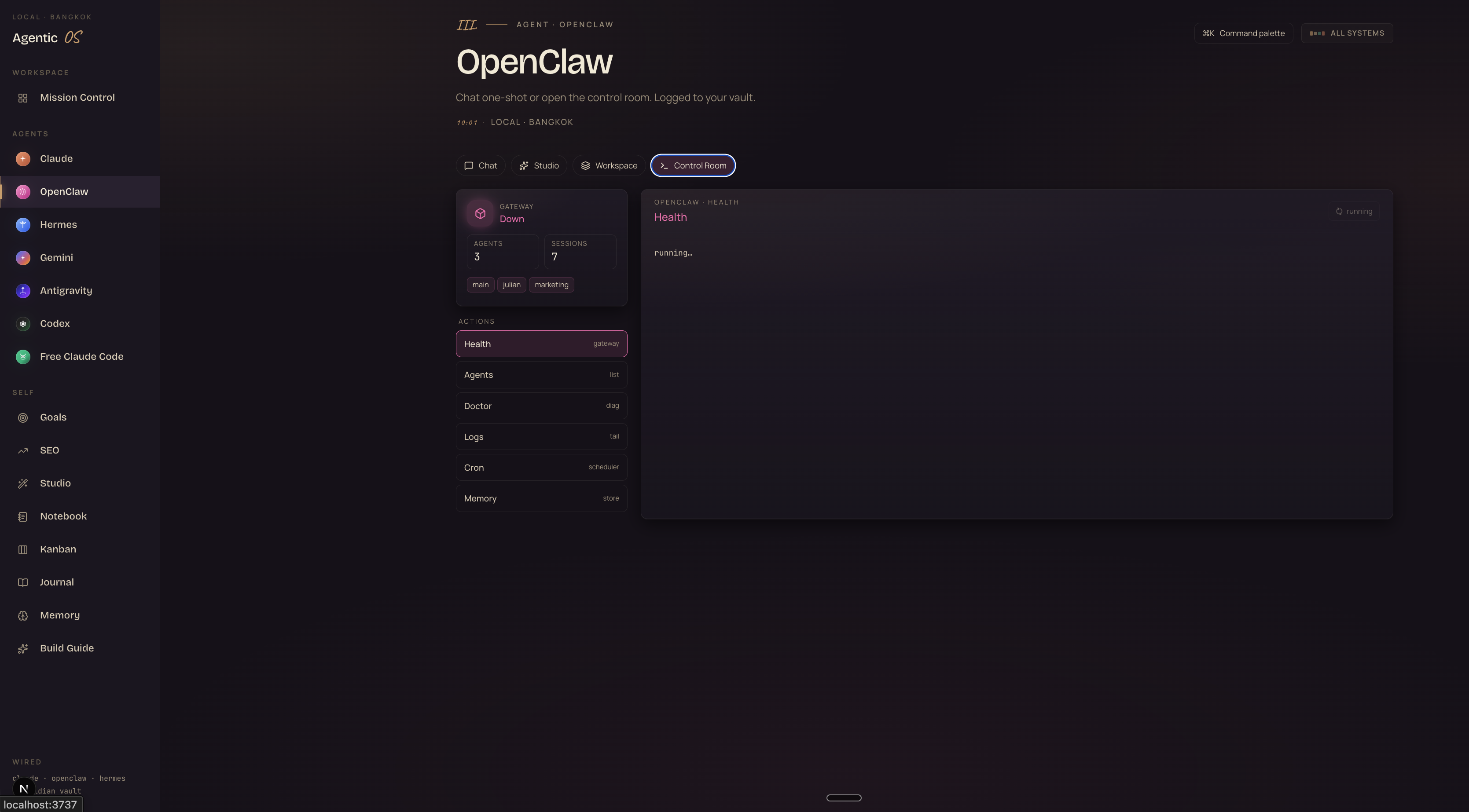 OpenClaw Control Room — Gateway Down, 3 agents (main, julian, marketing), 7 sessions, Actions panel with Health, Agents, Doctor, Logs, Cron, Memory