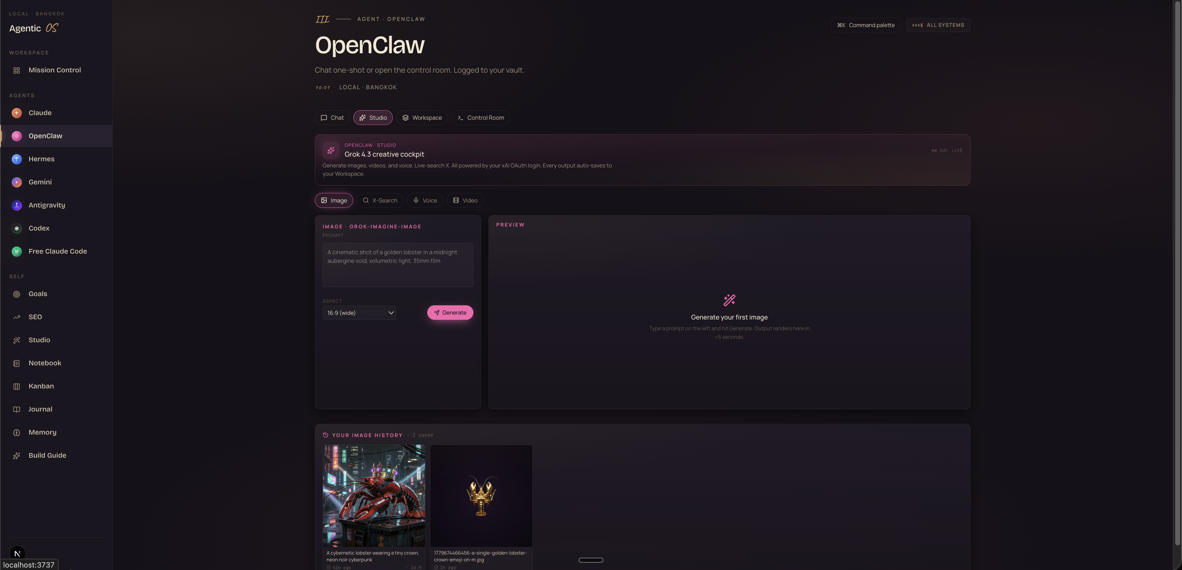 OpenClaw Studio Image generation — Grok-imagine-image, prompt 'A cinematic shot of a golden lobster in a midnight aubergine void, volumetric light, 35mm film', 16:9 aspect, image history below showing cyberpunk lobster