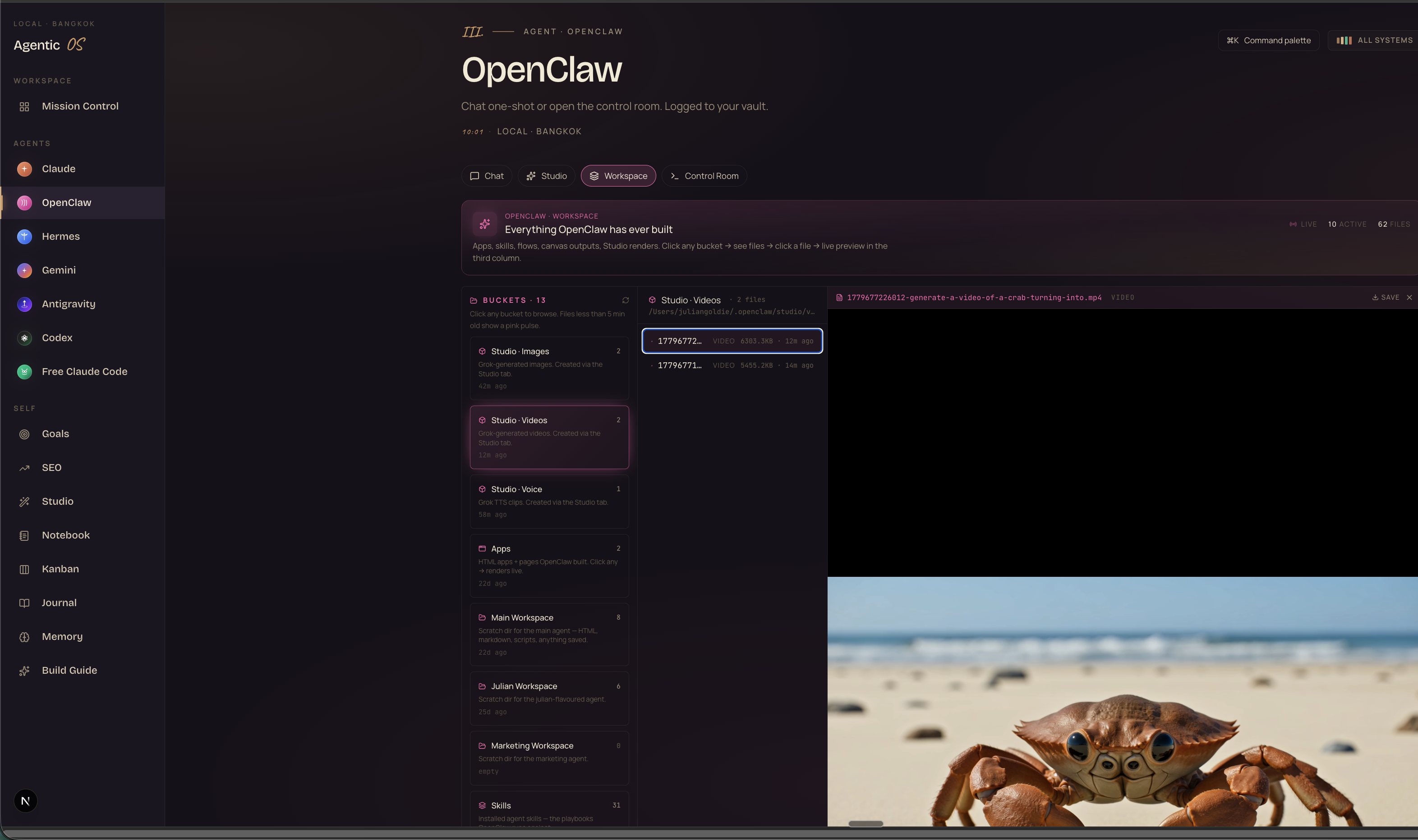 OpenClaw Workspace — 13 buckets including Studio Images (42m ago), Studio Videos (2 files, 12m ago), Studio Voice (58m ago), Apps (2 files), Main Workspace (8 files), Julian Workspace, Marketing Workspace, Skills (31). Right column shows live video preview of a crab on a beach.