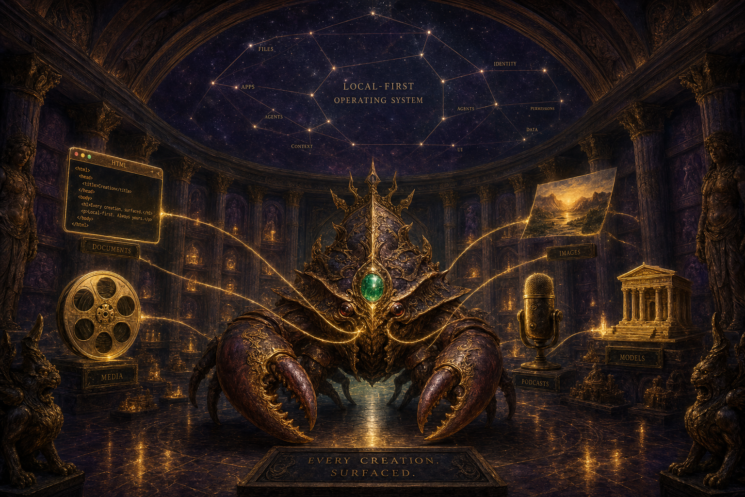 An armored crustacean guardian with emerald gem and golden filaments connecting it to floating creations — HTML window, film reel, image, microphone, temple — under a constellation map labelled 'local-first operating system'