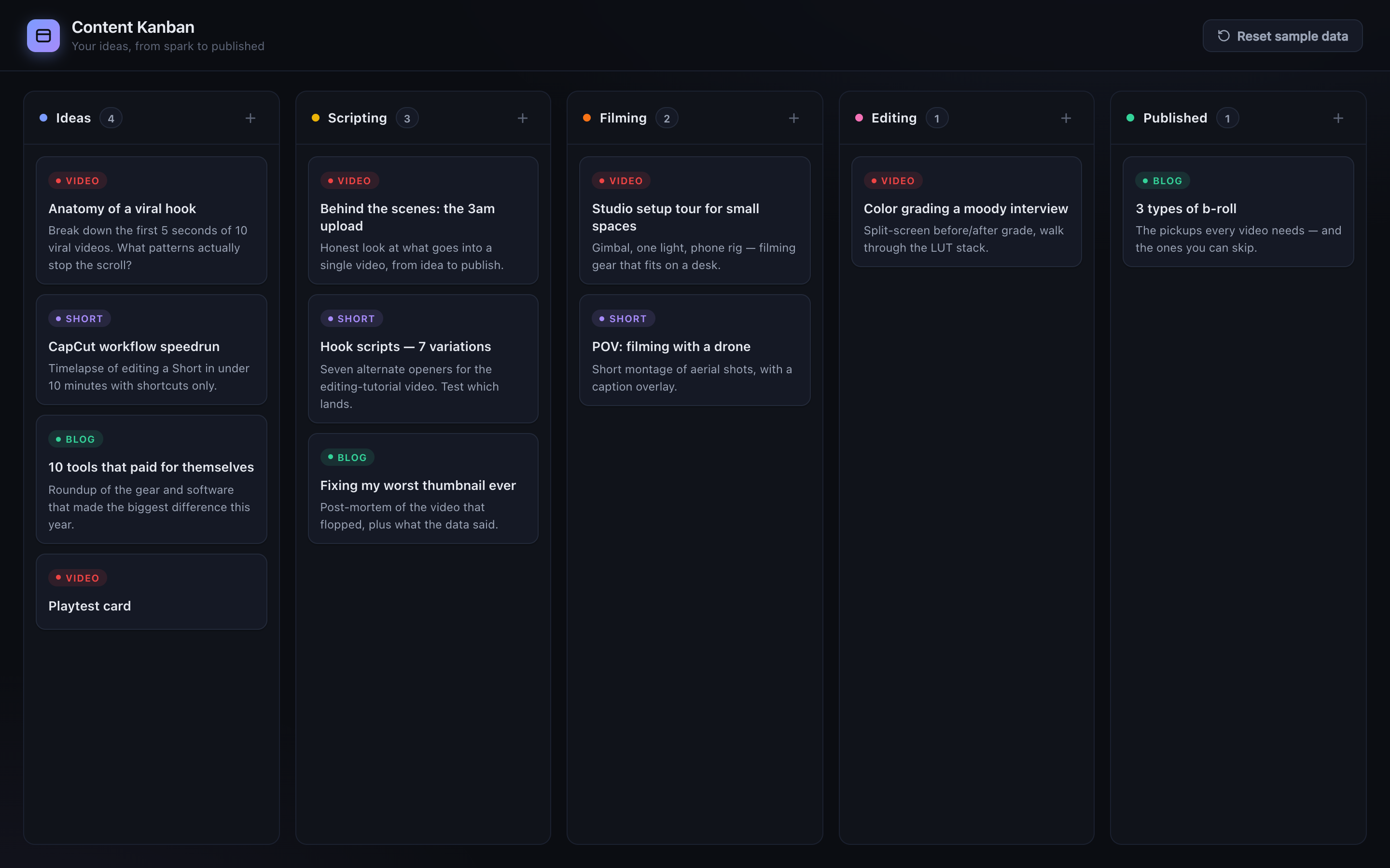 Content-creation kanban app built by OpenCode