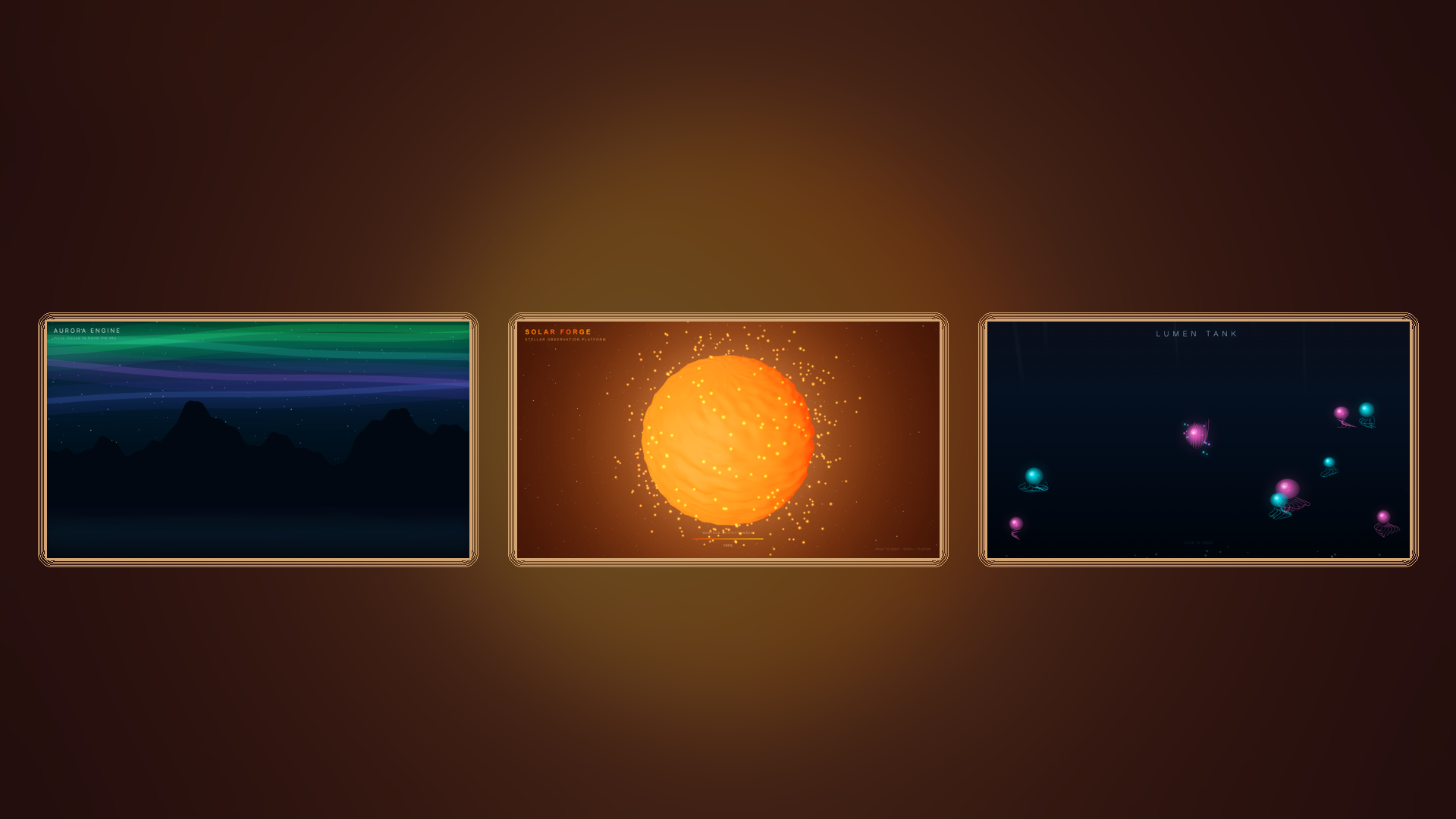 Three animated pages built by OpenCode through the free OmniRoute router — northern lights, a 3D sun, a jellyfish tank