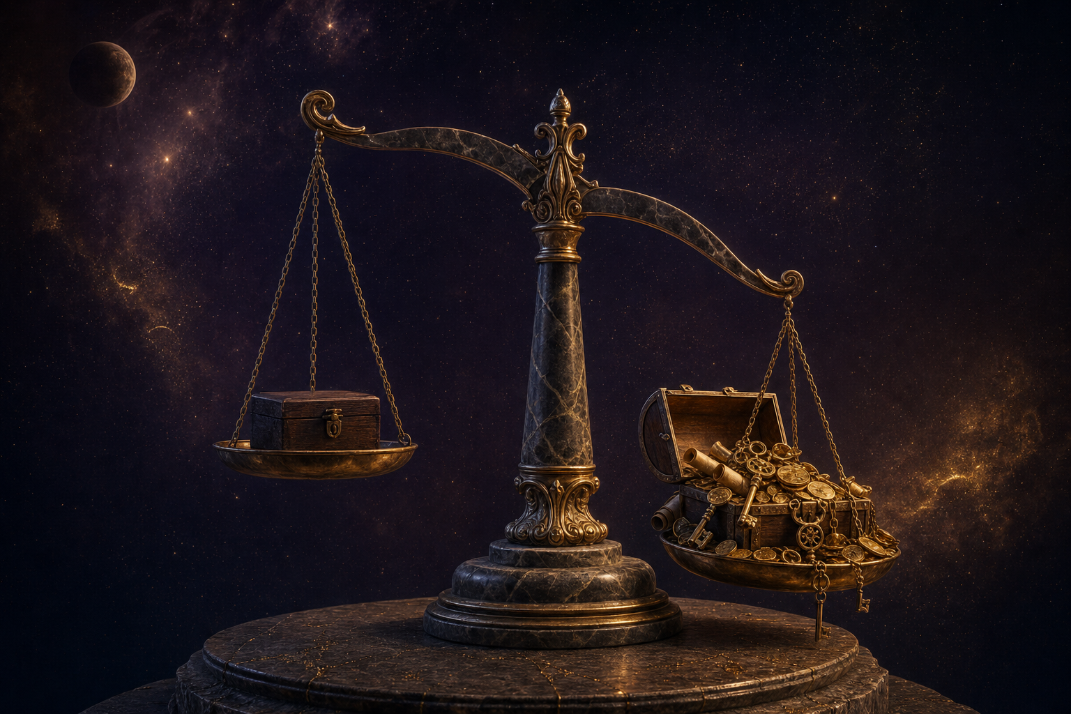 A grand marble balance scale — on the left, a small closed wooden box with a tiny brass lock; on the right, an open chest spilling out golden coins, brass keys, and small scrolls — the scale tilting strongly to the right