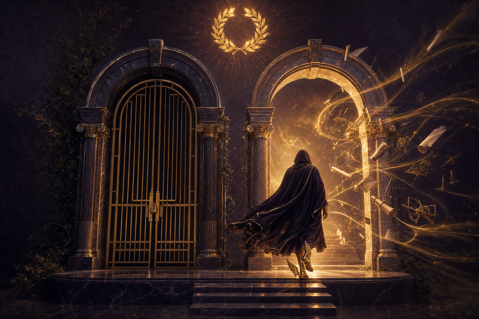Two classical archways side by side — the left one sealed with a brass gate, the right one wide open with golden light streaming outward — the visual choice between locked-in and customisable agents