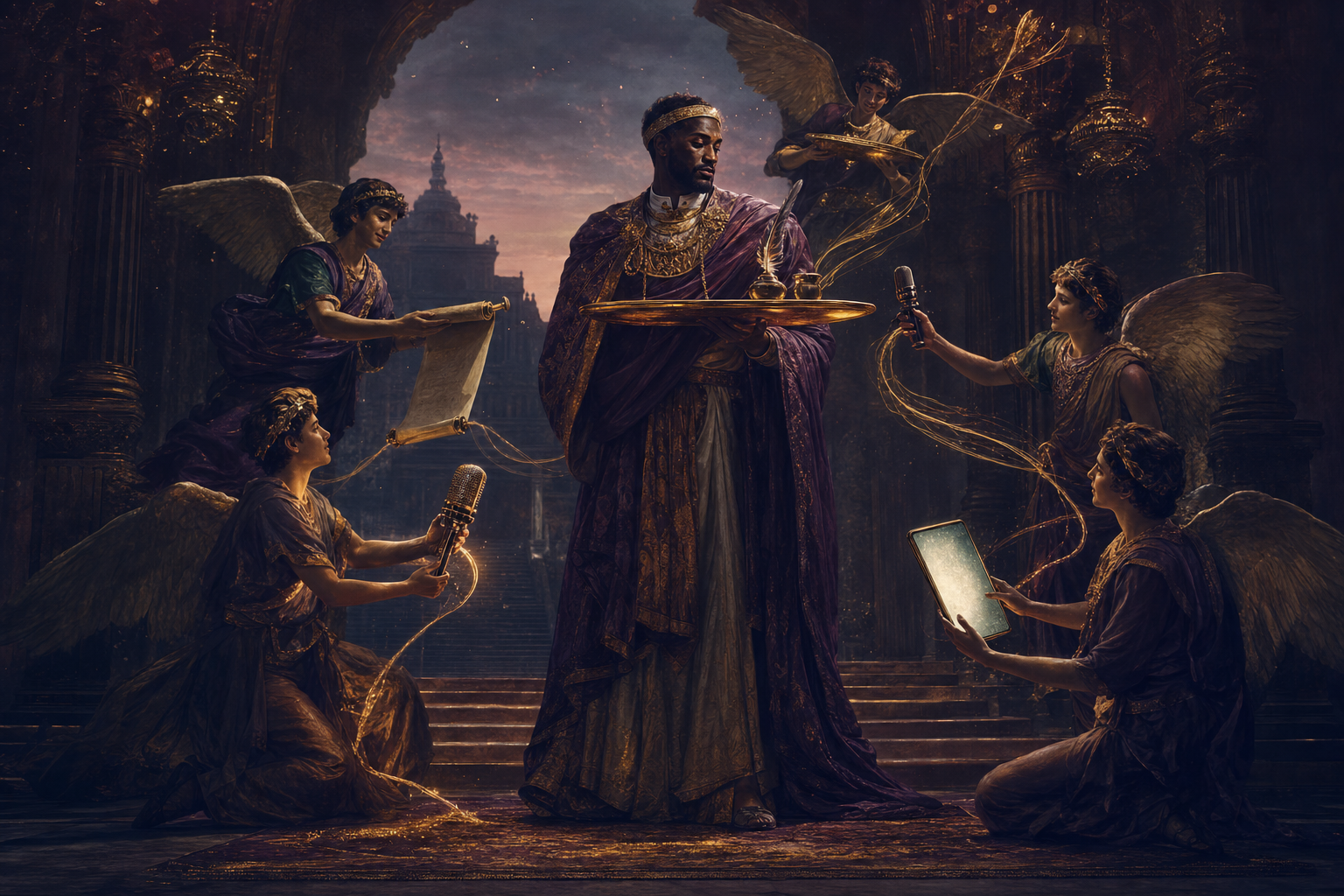 A glowing butler figure in a candlelit study, plugged into a softly humming brain made of golden light — a personal AI butler connected to the Agent Operating System